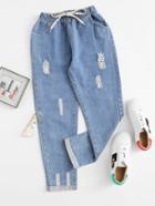 Romwe Roll Up Hem Ripped Drawstring Waist Jeans
