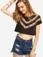 Romwe Black Short Sleeve Pom Pom Trim Print T-shirt