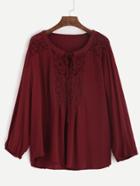 Romwe Burgundy Tie Neck Lace Insert High Low Blouse