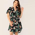 Romwe Plus Tropical Print Belted Dress