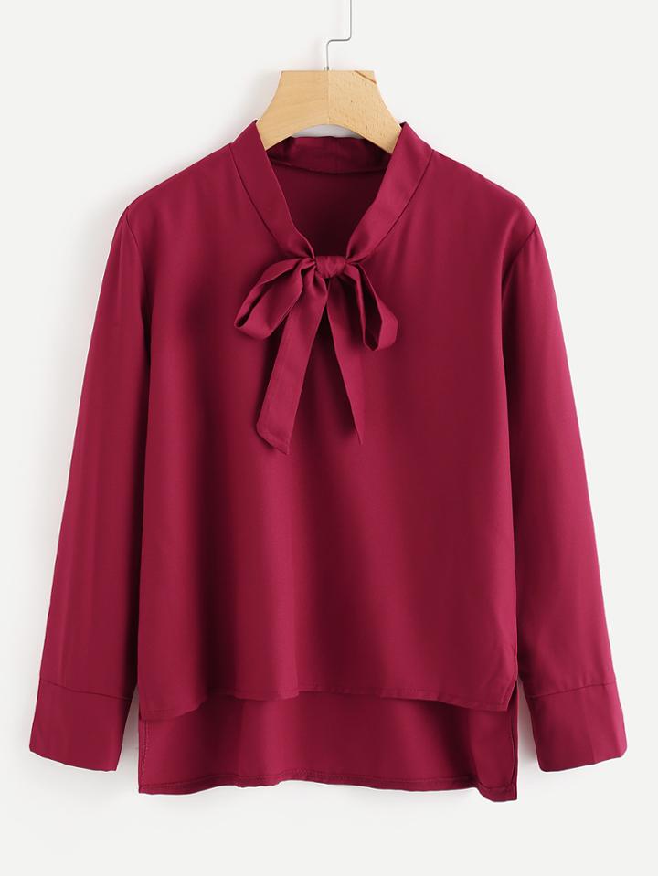 Romwe Tie Neck Dip Hem Blouse
