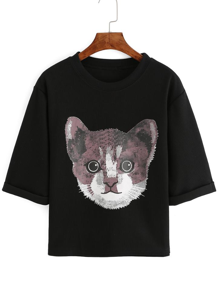 Romwe Cat Print Cuffed Black T-shirt