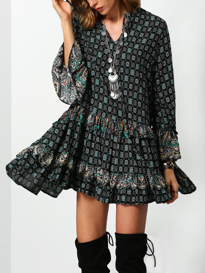 Romwe Dark Green Tribal Print Ruffle Dress