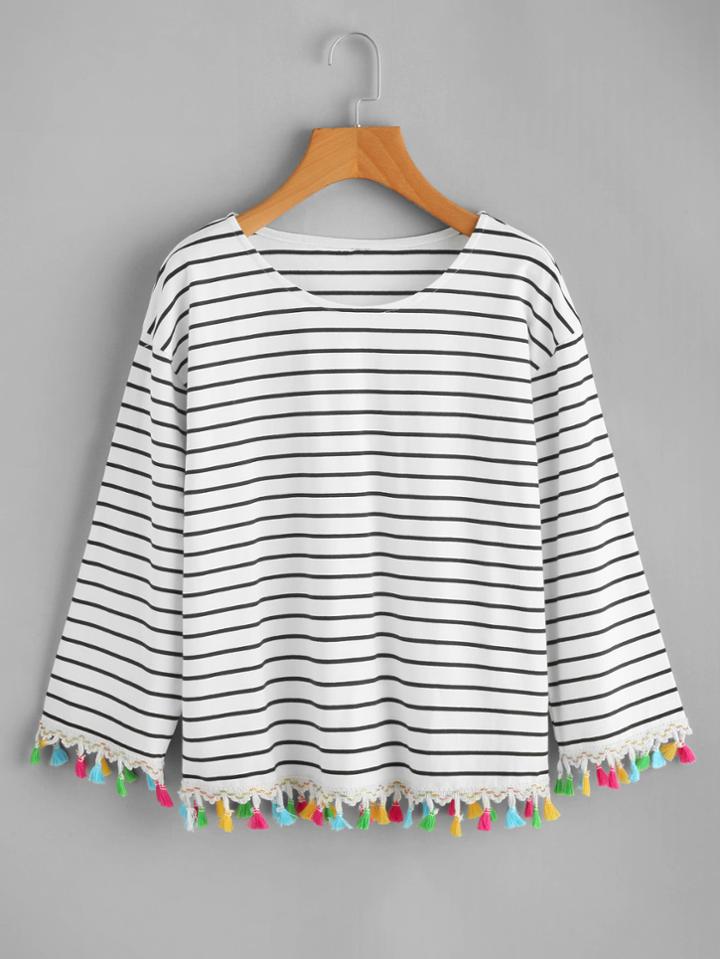 Romwe Fringe Hem Striped Tee