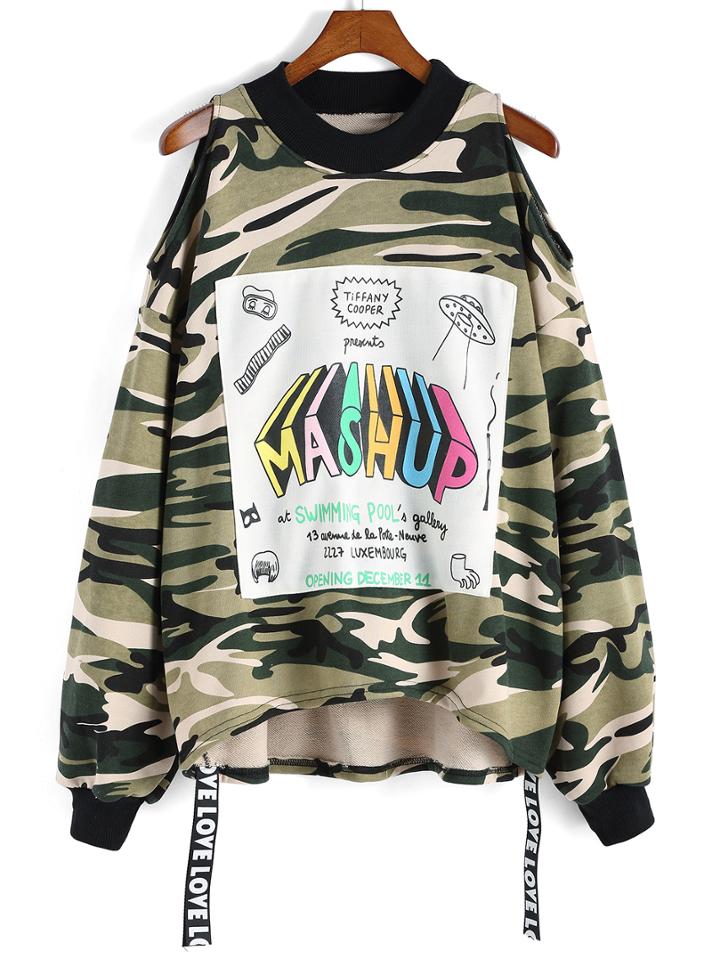 Romwe Open Shoulder Letter Print Camouflage Sweatshirt