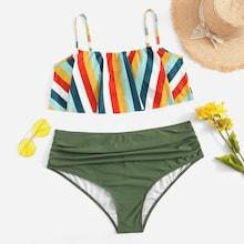 Romwe Plus Ruched Flounce Bikini Set