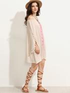 Romwe Apricot Off The Shoulder Embroidered Tassel Trimmed Dress