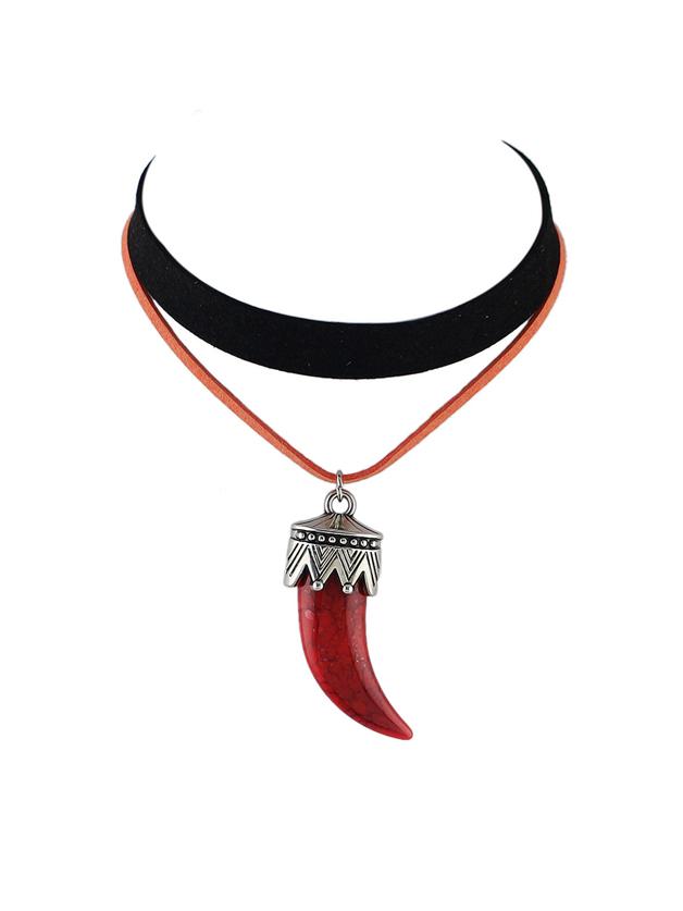 Romwe Red Color Pendant Double Layers Suede Choker Necklace