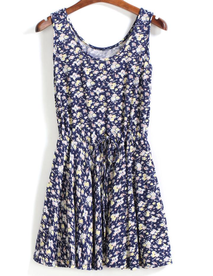 Romwe Drawstring Florals Pleated Blue Dress