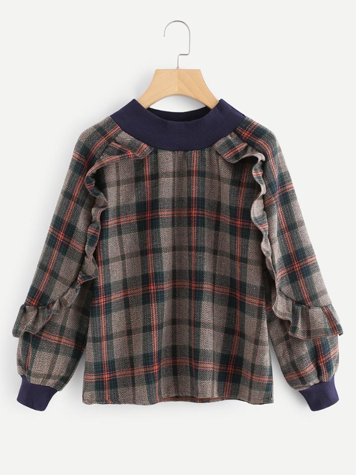 Romwe Ruffle Trim Contrast Trim Plaid Top