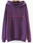 Romwe Purple Letter Print Drawstring Hooded Sweatshirt
