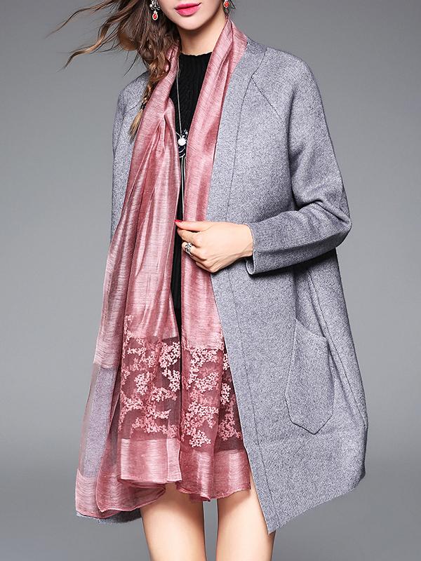 Romwe Grey Bird Embroidered Pockets Cardigan