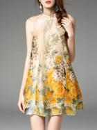 Romwe Apricot Collar Flowers Print Shift Dress