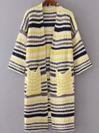 Romwe Yellow Mixed Stripe Collarless Drop Shoulder Long Sweater Coat
