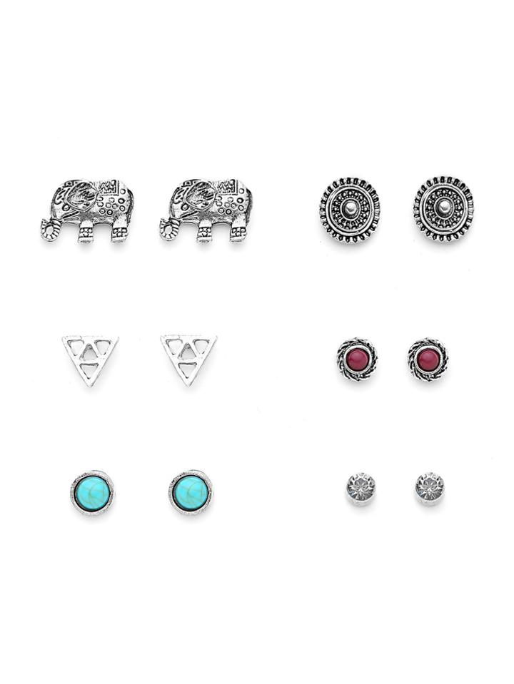 Romwe Metal Triangle And Elephant Design Earring Set With Gemstone