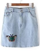 Romwe Blue Butterfly Embroidery Pockets Zipper Slim Skirt