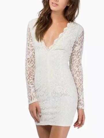 Romwe Deep V Neck Lace Zipper Sheath White Dress