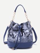 Romwe Blue Pu Trim Drawstring Velvet Bucket Bag