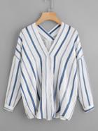 Romwe V Neckline Drop Shoulder Striped Shirt