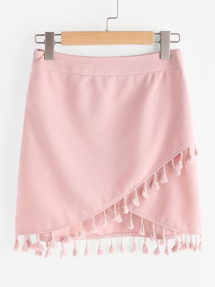 Romwe Tassel Trim Overlap Skirt