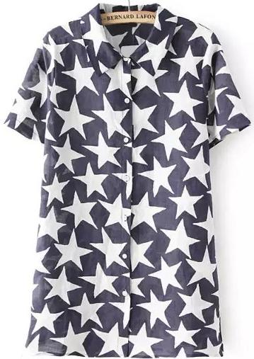 Romwe Lapel Star Print Blue Blouse