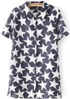 Romwe Lapel Star Print Blue Blouse