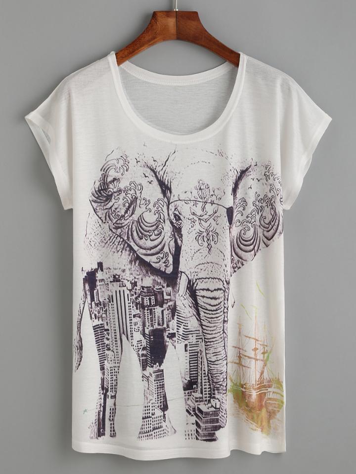 Romwe White Elephant And Building Print T-shirt