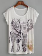 Romwe White Elephant And Building Print T-shirt