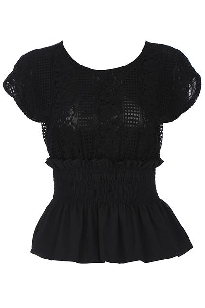Romwe Gridding & Floral Hollow-out Sleeveless Black Blouse