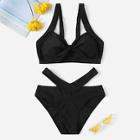 Romwe Twist Front Top With Cross Bikini Set