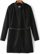 Romwe Black Belted High Collar Woolen Coat