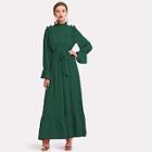 Romwe Pleated Front Bell Sleeve Belted Ruffle Dress
