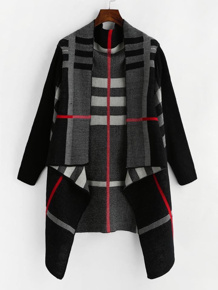 Romwe Tartan Plaid Waterfall Cardigan