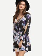 Romwe Black Flower Print Tie Neck Slit Sleeve Dress