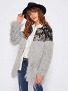 Romwe Floral Jacquard Shoulder Faux Fur Coat