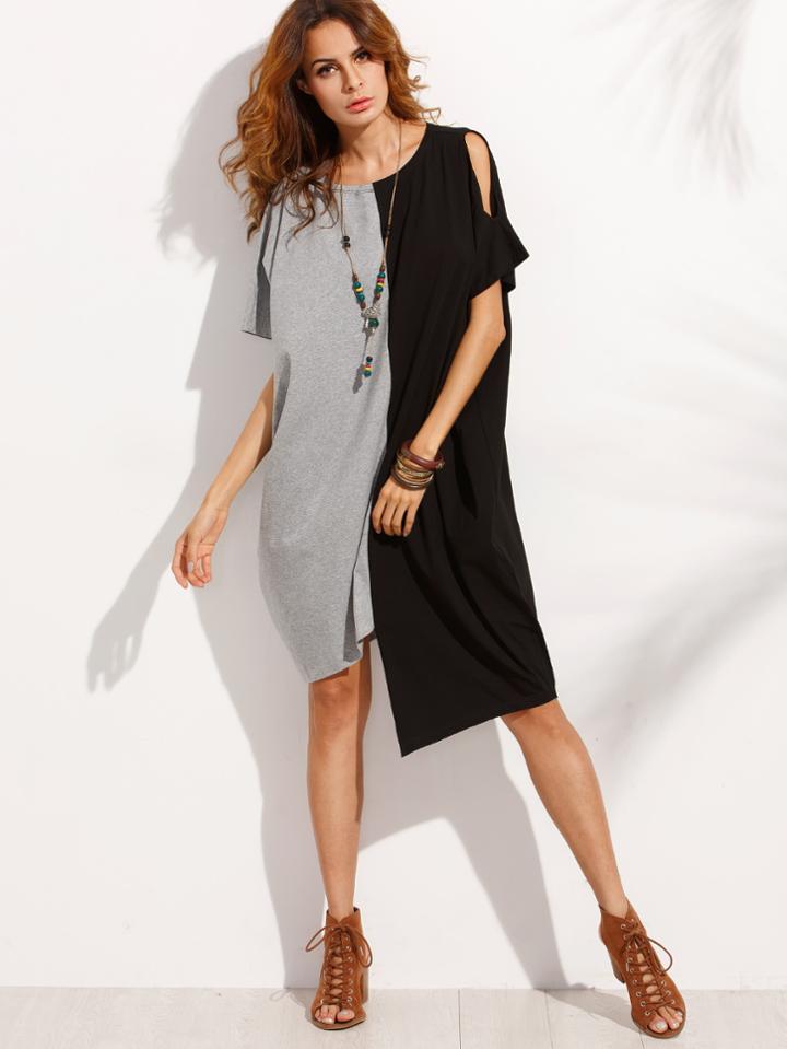 Romwe Contrast Cut And Sew Asymmetric Dress