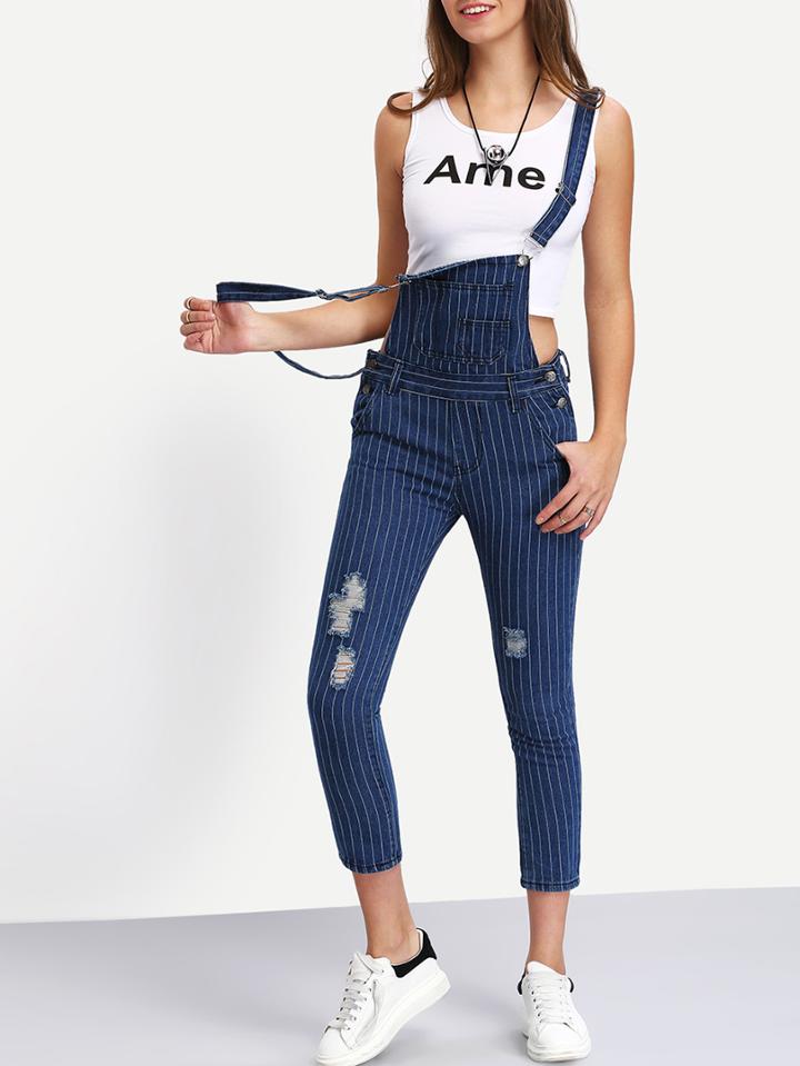 Romwe Straps Vertical Striped Ripped Denim Jumpsuit