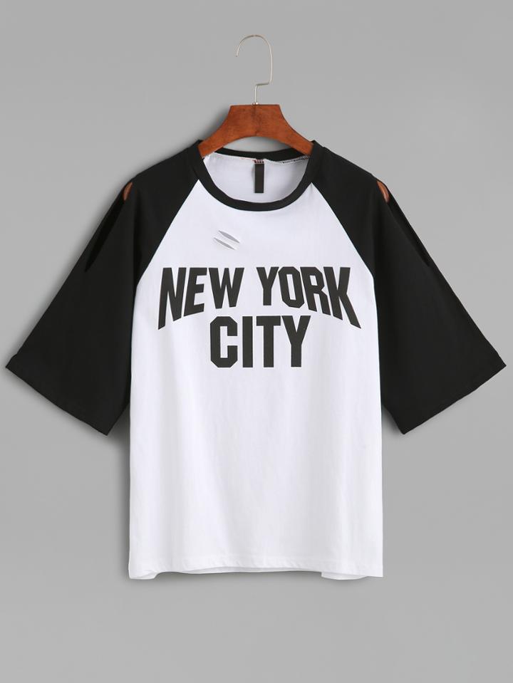 Romwe Slogan Print Split Contrast Raglan Sleeve Distressed T-shirt