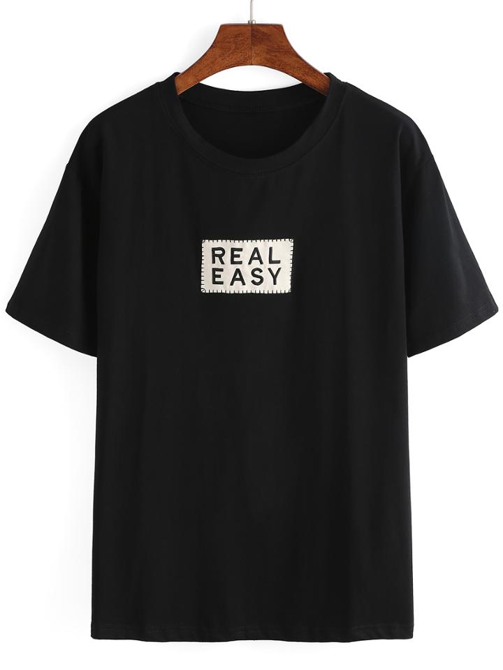 Romwe Black Letters Embroidered Suede T-shirt