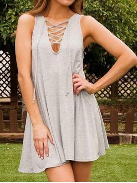 Romwe Lace-up V Neck Swing Dress