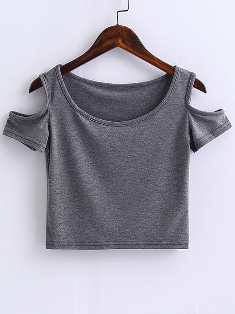 Romwe Grey Open Shoulder Crop Top