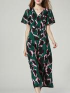 Romwe Green V Neck Short Sleeve Floral Print Dress