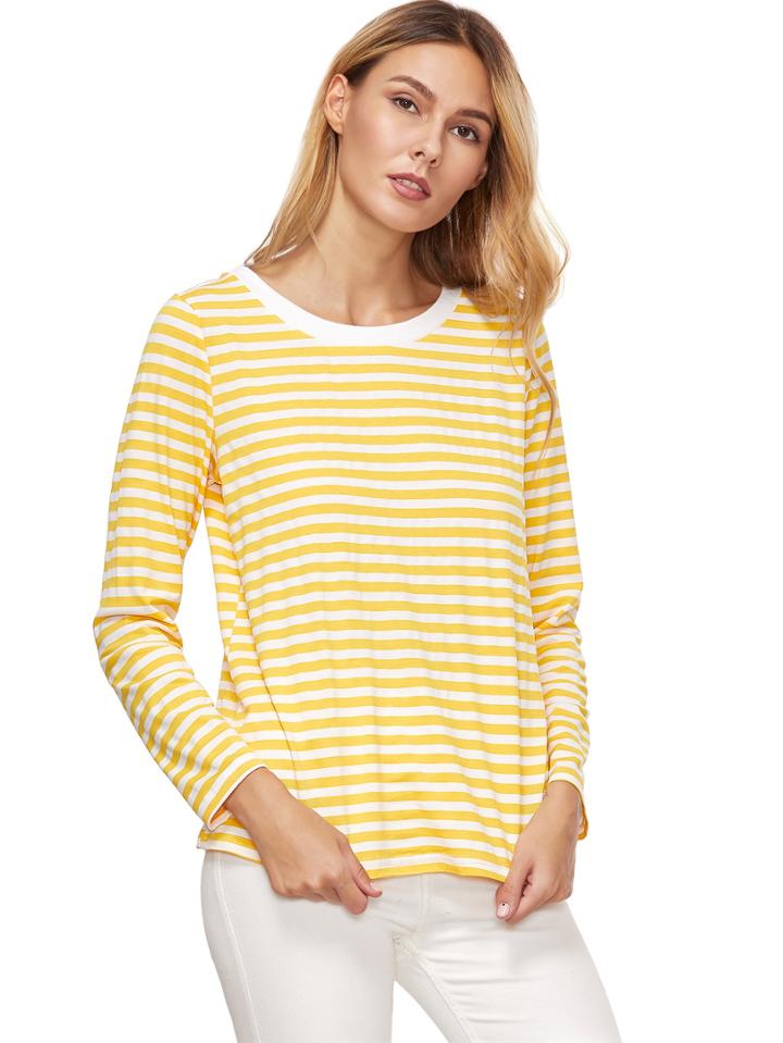 Romwe Yellow Striped Long Sleeve T-shirt