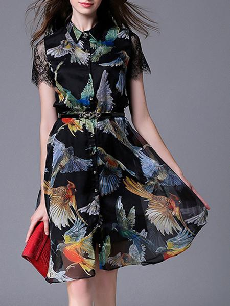 Romwe Black Lapel Belted Birs Print Dress