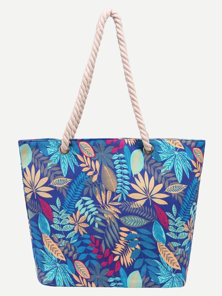 Romwe Blue Leaf Print Canvas Tote Bag