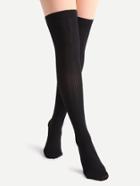 Romwe Black And Nude Patchwork Ribbed Pantyhose Stockings
