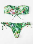 Romwe Palm Print Lace Up Bikini Set