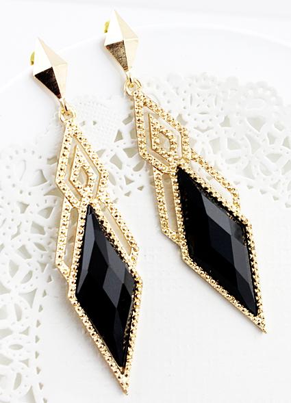Romwe Black Gemstone Gold Hollow Geometric Earrings