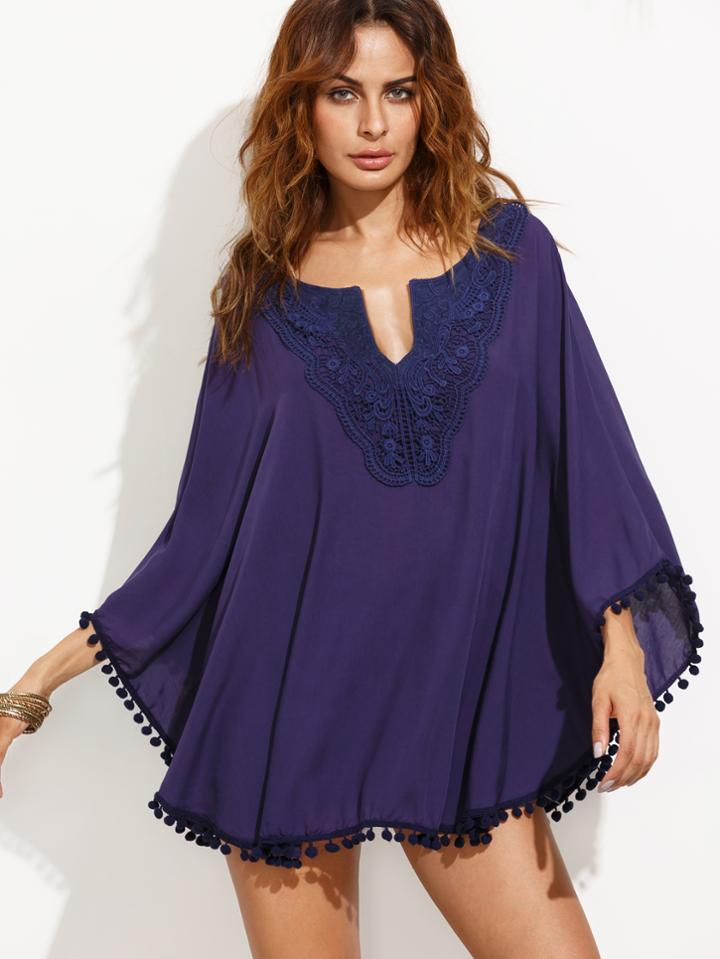 Romwe Purple V Cut Crochet Contrast Pom Pom Top