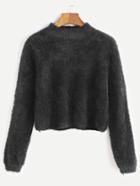 Romwe Black Crew Neck Crop Fuzzy Sweater